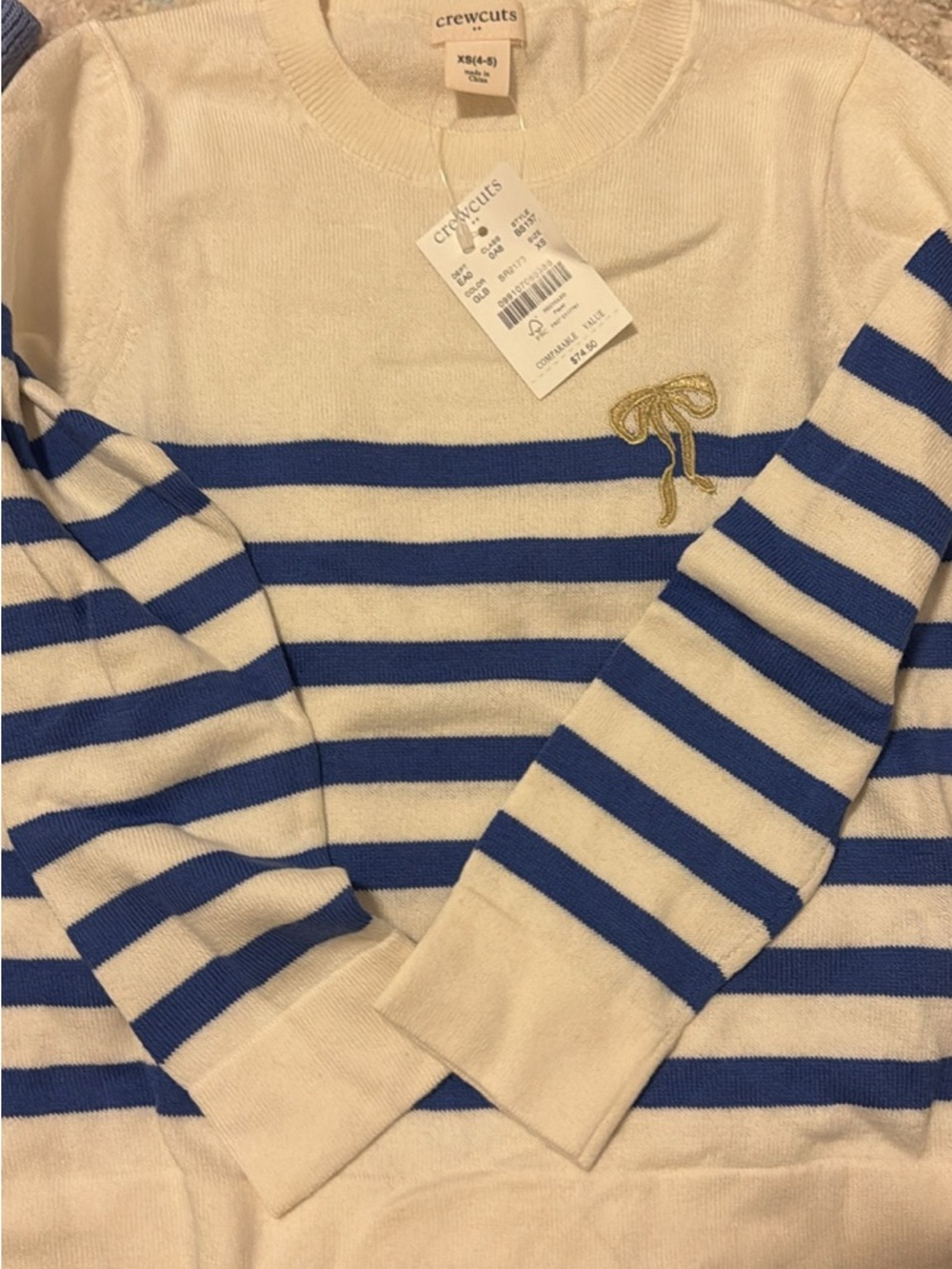 Crewcuts White & Blue Striped Kids Sweater with Gold Embroidered Initial